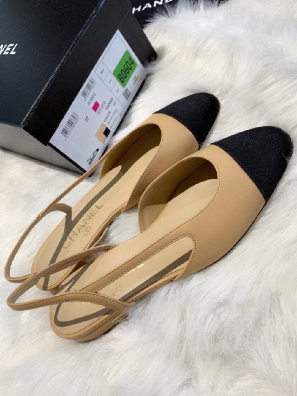 Chanel Classic Slingback Flats Beige & Black Grosgrain Toe Shoes - Picture 8 of 11
